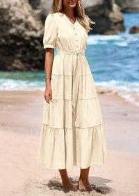 PRETTYGARDEN Women's Midi Dress Casual Short Sleeve V Neck Buttons Belted Ruffle A Line Flowy Dress with Pockets