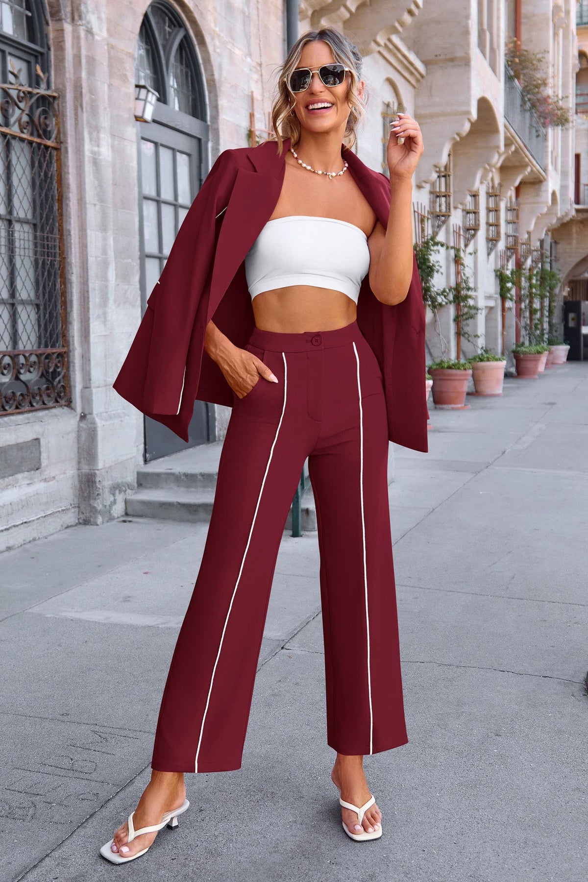 Women's Fall 2 Piece Blazer Outfits Business Casual Oversized Jacket Wide Leg Work Pants Dressy Suit Set