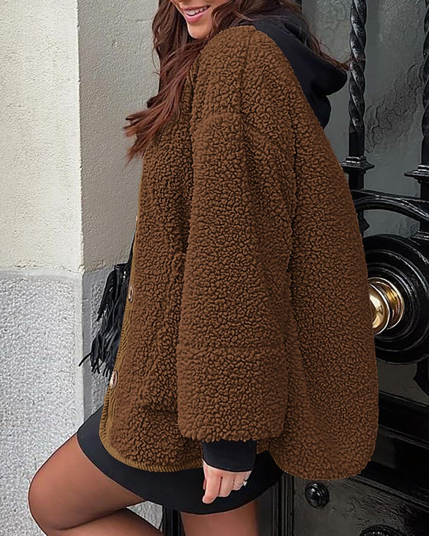 Women's Warm Winter Coats Casual Long Sleeve Button up Fuzzy Sherpa Fleece Jackets Outerwear