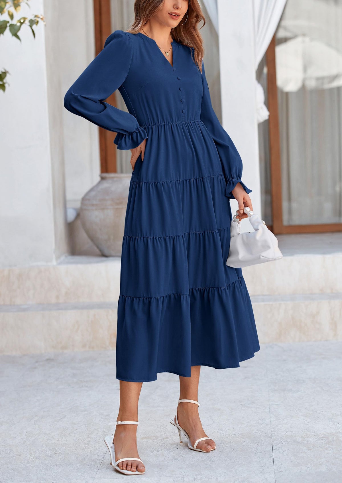 Women's Fall Maxi Dress Long Sleeve V Neck Tiered Ruffle Flowy A Line Cocktail Party Dresses