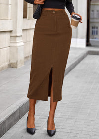 Women's Fall Midi Pencil Skirts Dressy Casual Work Office High Waisted Long Slit Corduroy Skirt