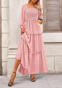 Women's Long Sleeve Smocked Maxi Dress Casual Square Neck Swiss Dot Tiered Ruffle Flowy Pocket Dresses