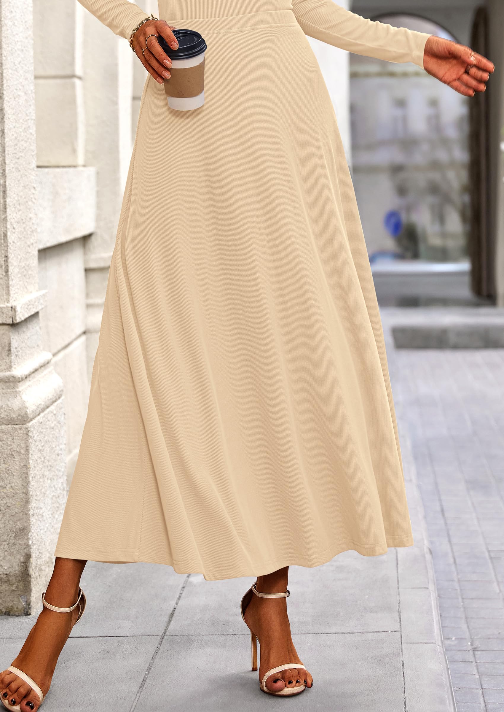PRETTYGARDEN 2 Piece Casual Ribbed Knit Long Sleeve Crop Tops Maxi Flowy Skirts Matching Sets