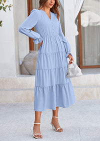 Women's Fall Maxi Dress Long Sleeve V Neck Tiered Ruffle Flowy A Line Cocktail Party Dresses