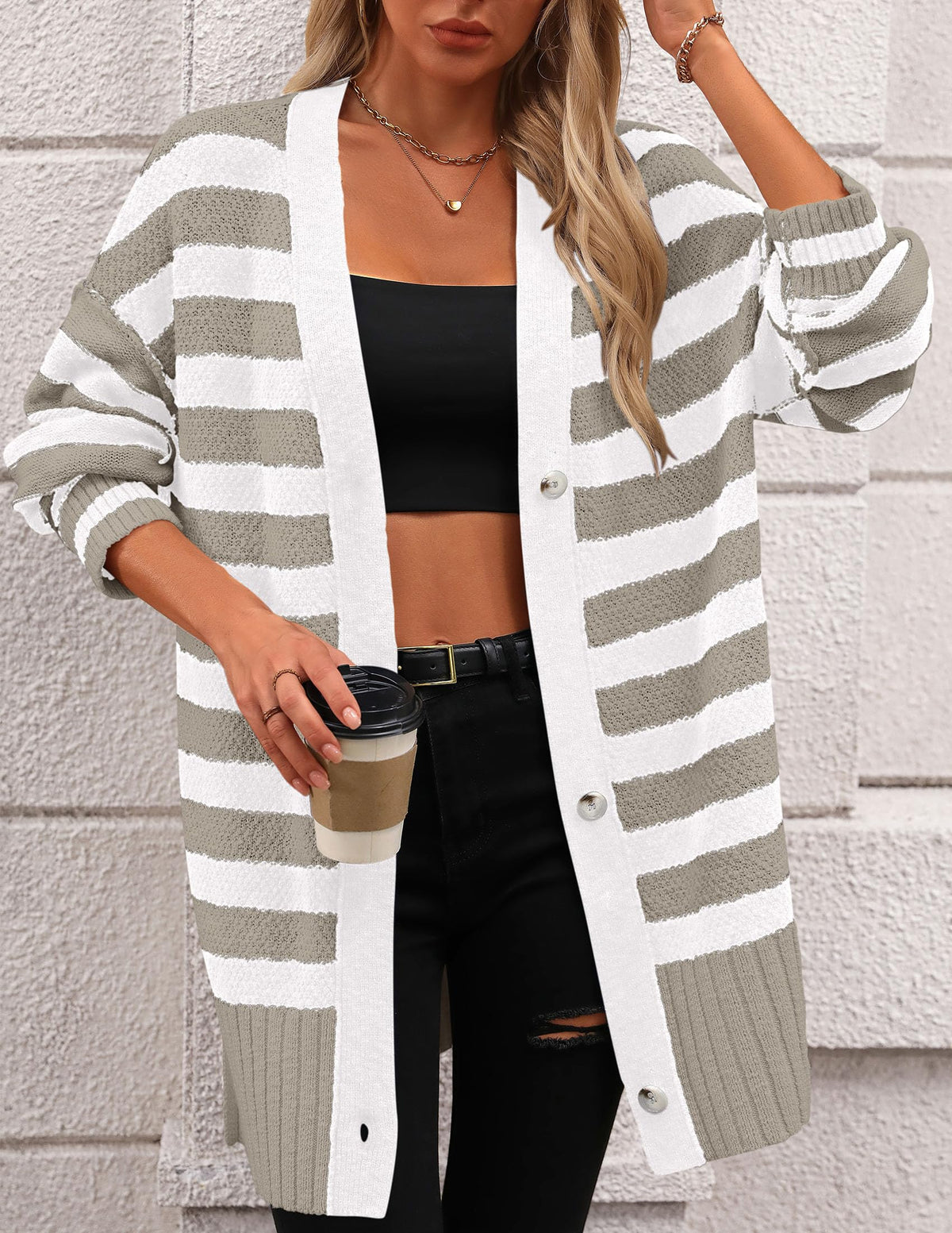 Striped Cardigan Sweaters Long Sleeve Button Down Chunky Knit Oversized Fall Sweater Coat