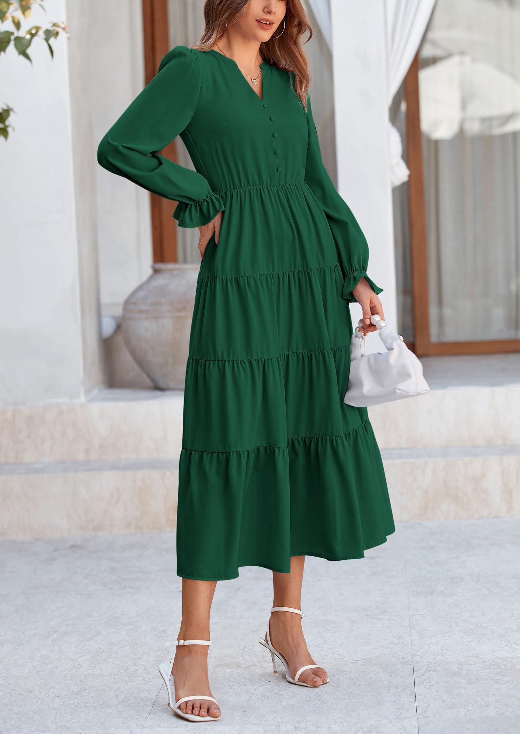 PRETTYGARDEN Women Fall Long Sleeve Smocked Maxi Dress Casual Square Neck Swiss Dot Tiered Ruffle Flowy Spring Pocket Dresses
