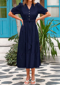 PRETTYGARDEN Women's Midi Dress Casual Short Sleeve V Neck Buttons Belted Ruffle A Line Flowy Dress with Pockets