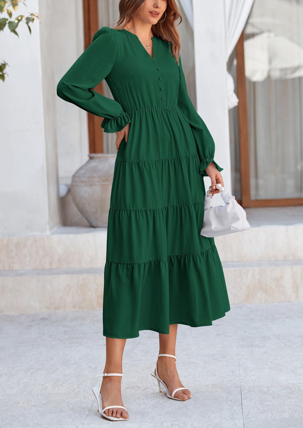 Women's Fall Maxi Dress Long Sleeve V Neck Tiered Ruffle Flowy A Line Cocktail Party Dresses