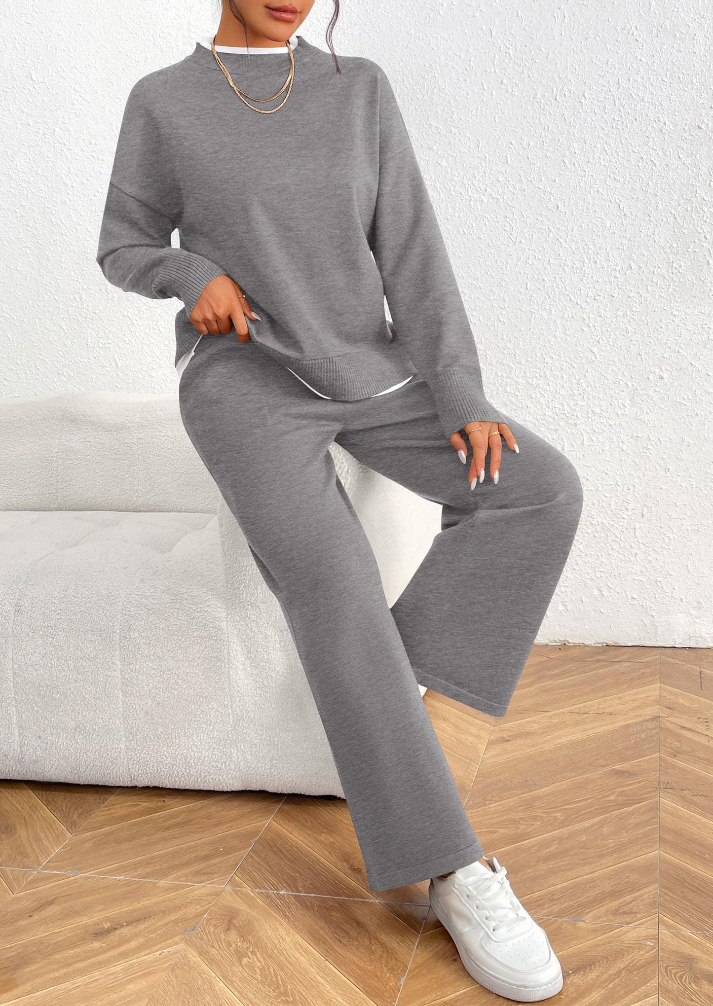 Fall 2 Piece Lounge Sets Long Sleeve Pullover Sweater Wide Leg Pants Matching Outfits Tracksuits