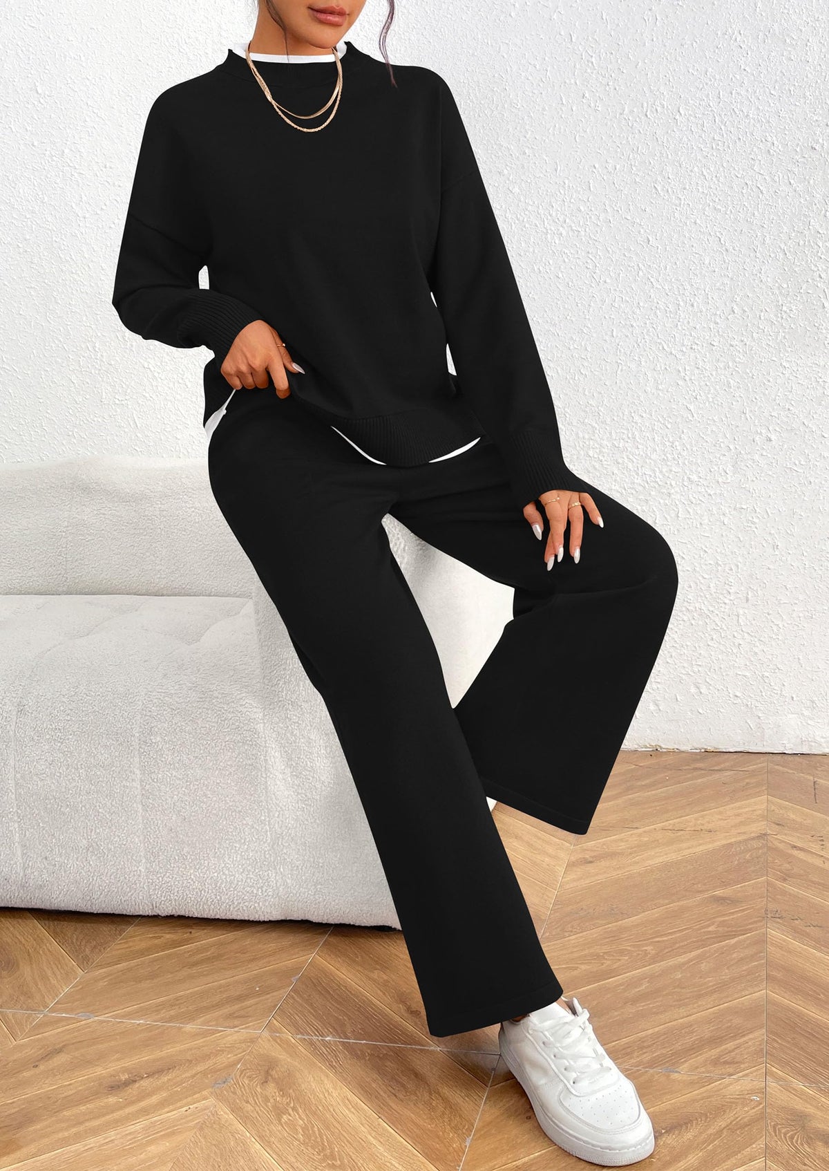 Fall 2 Piece Lounge Sets Long Sleeve Pullover Sweater Wide Leg Pants Matching Outfits Tracksuits