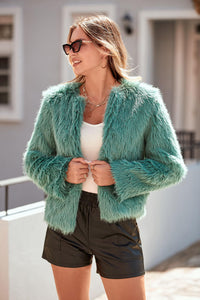 PRETTYGARDEN Women's Winter Coats Fleece Cropped Jacket Faux Fur Long Sleeve Pockets Shaggy Warm Outerwear Fall Clothes