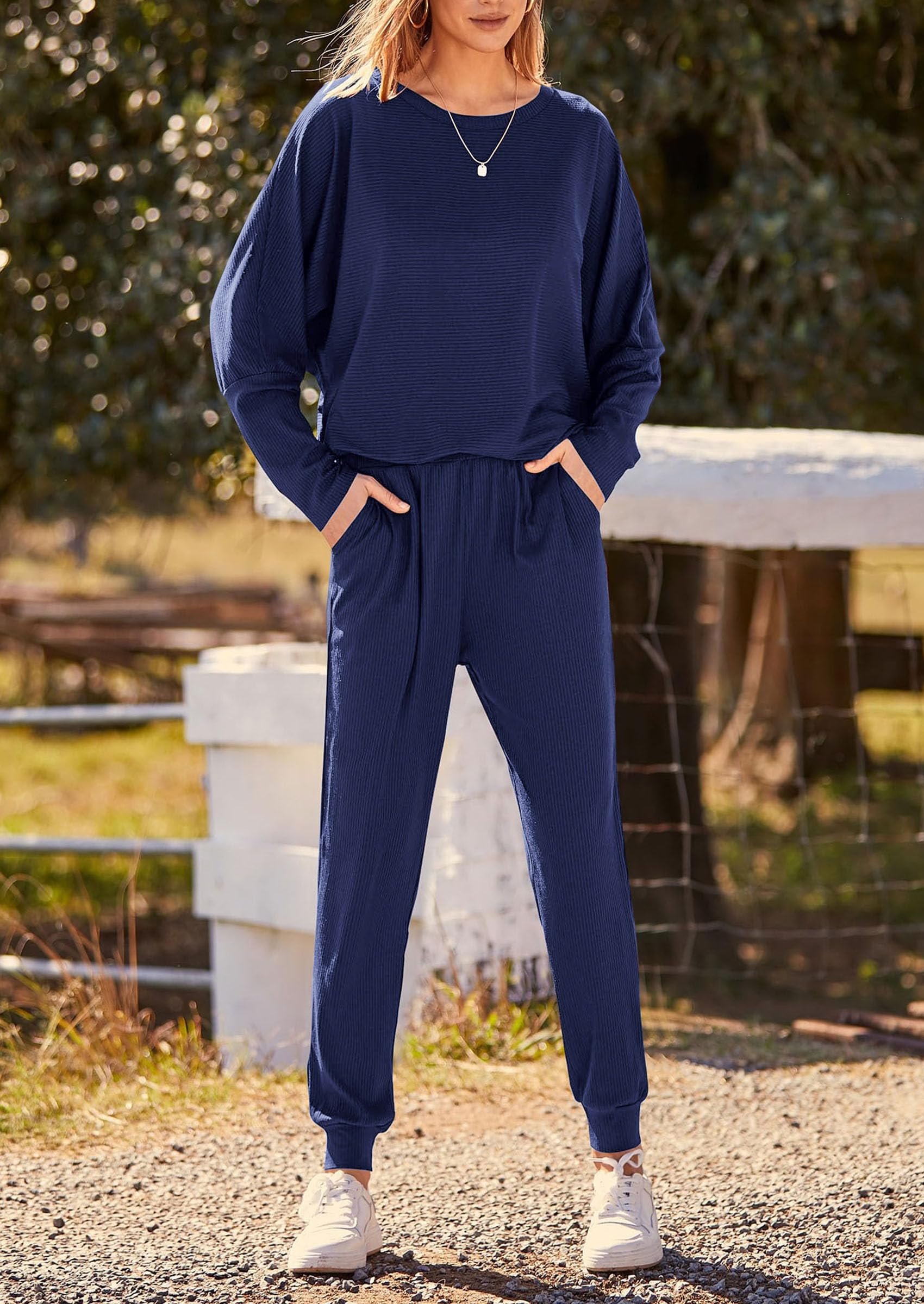 PRETTYGARDEN Women's Fall 2 Piece Lounge Set Long Sleeve Tops Ribbed Pants Spring Matching Sweatsuit Travel Outfits Clothes