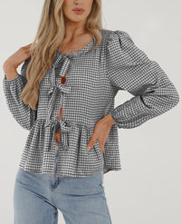 Babydoll Peplum Blouse Shirt Puff Long Sleeve Bow Tie Front Trendy Cute Y2K Going Out Tops