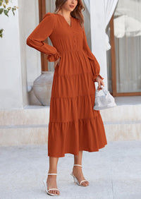 Women's Fall Maxi Dress Long Sleeve V Neck Tiered Ruffle Flowy A Line Cocktail Party Dresses