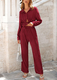 PRETTYGARDEN 2 Piece Textured Sets Casual Button Down Shirt Wide Leg Pants Outfit Loungewear Tracksuit