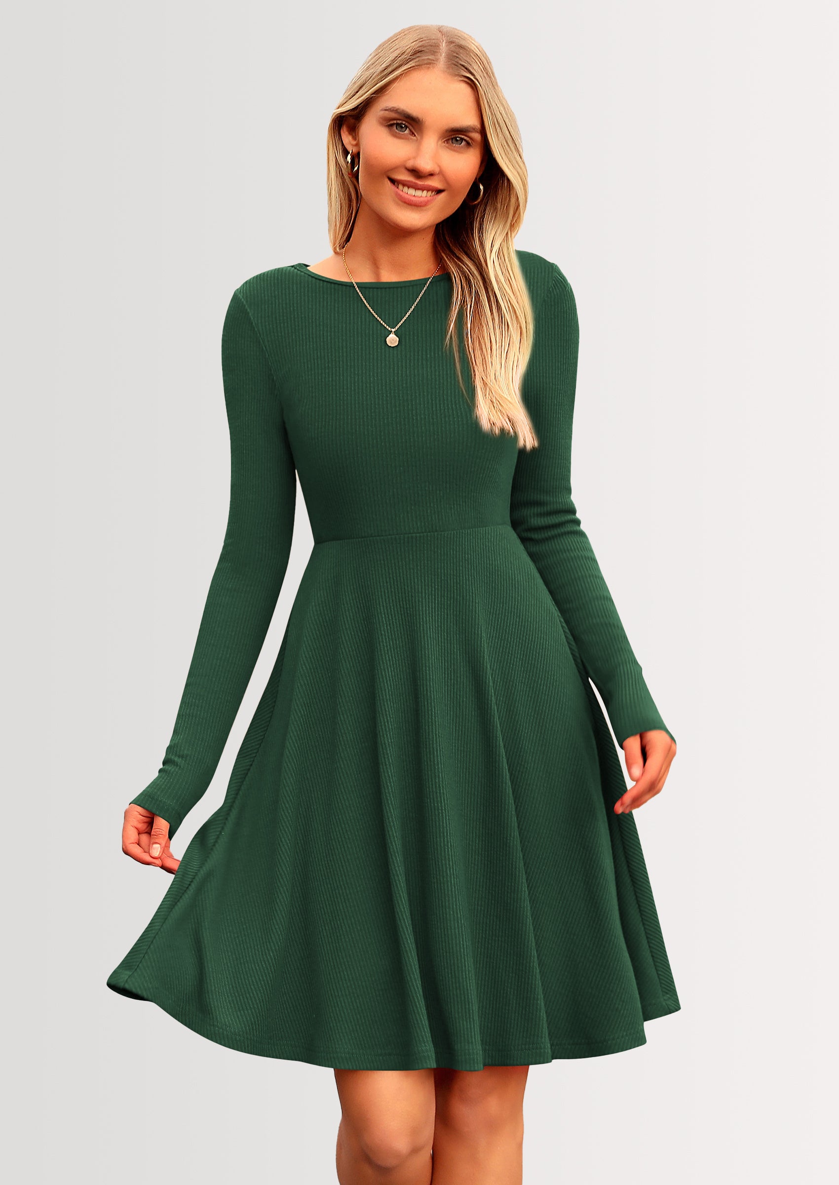 PRETTYGARDEN Women's Spring Fall Short Dress Ribbed Knit Crewneck Long Sleeve A Line Flowy Casual Elegant Going Out Dresses
