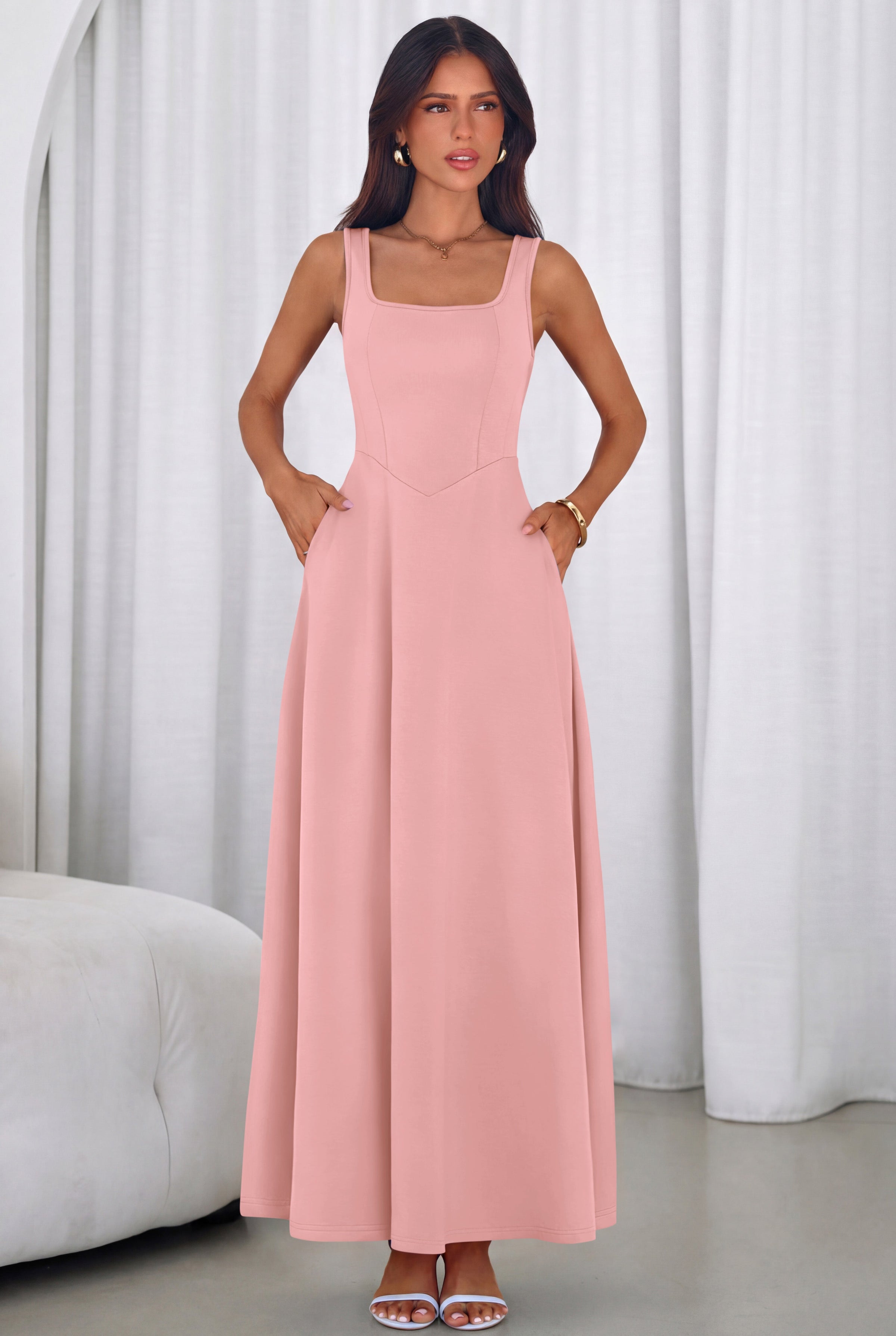 PRETTYGARDEN Womens Summer Dresses Sleeveless Elegant Square Neck Aline Swing Maxi Beach Wedding Guest Dress Pockets PRETTYGARDEN