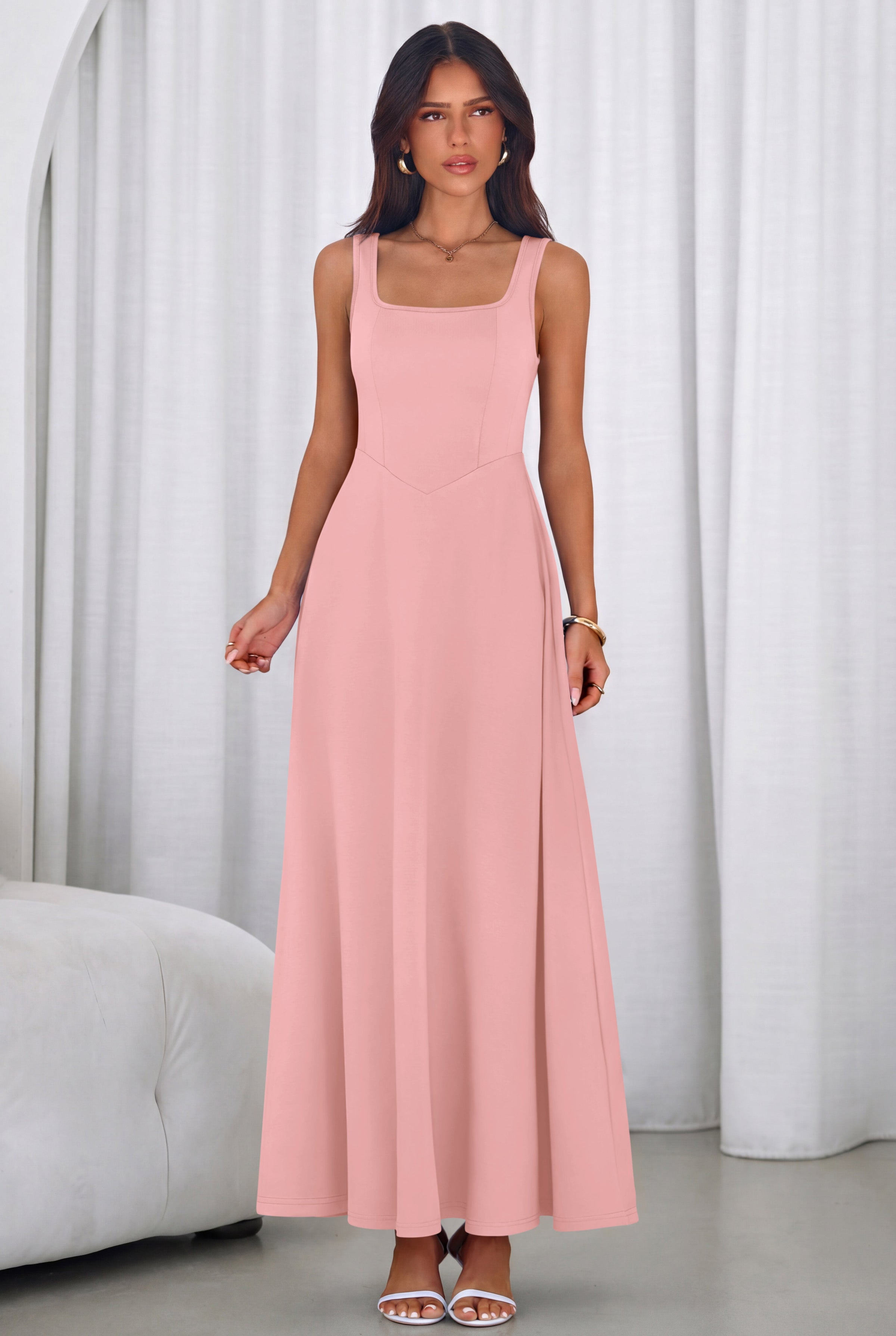 PRETTYGARDEN Womens Summer Dresses Sleeveless Elegant Square Neck Aline Swing Maxi Beach Wedding Guest Dress Pockets PRETTYGARDEN