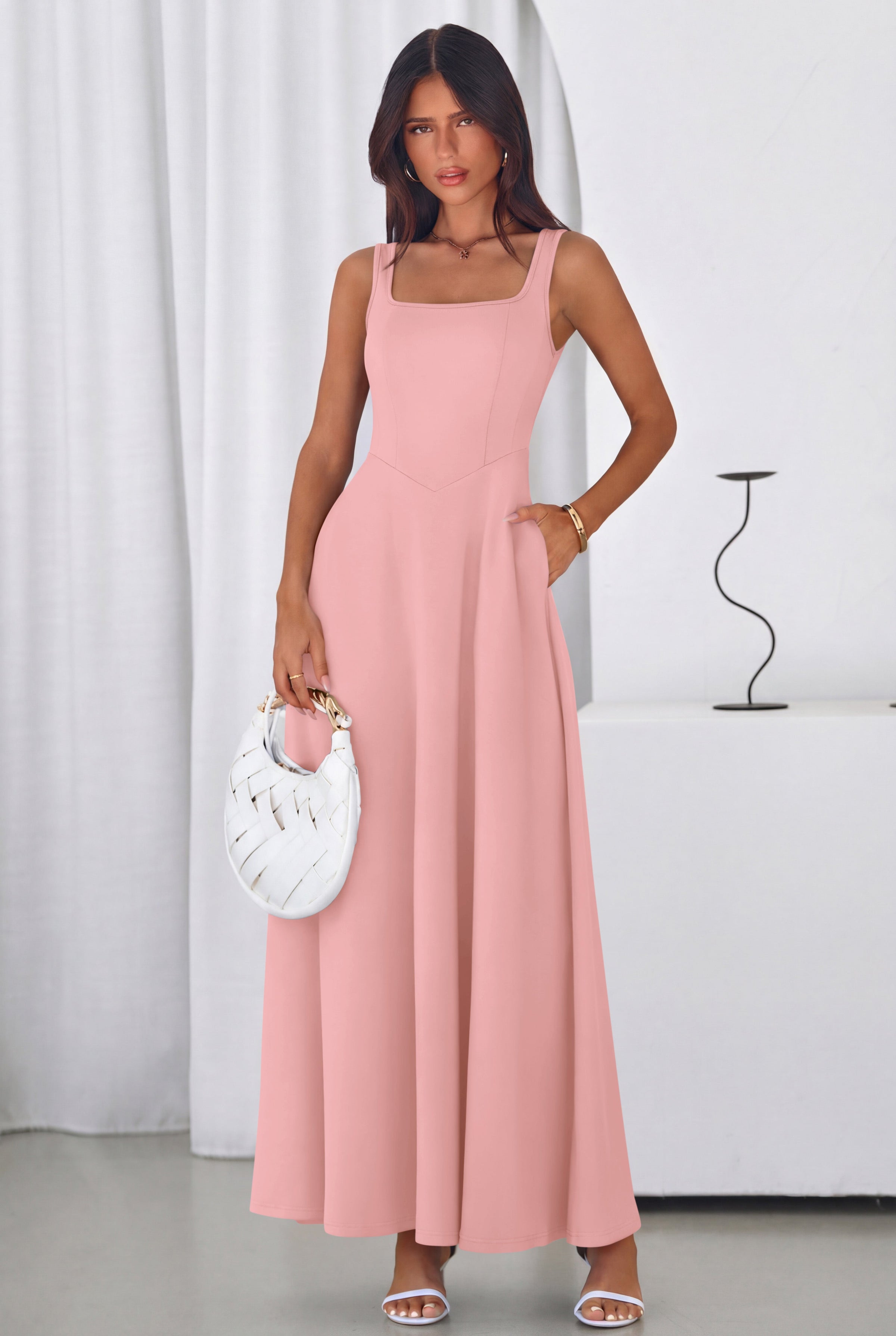 PRETTYGARDEN Womens Summer Dresses Sleeveless Elegant Square Neck Aline Swing Maxi Beach Wedding Guest Dress Pockets PRETTYGARDEN