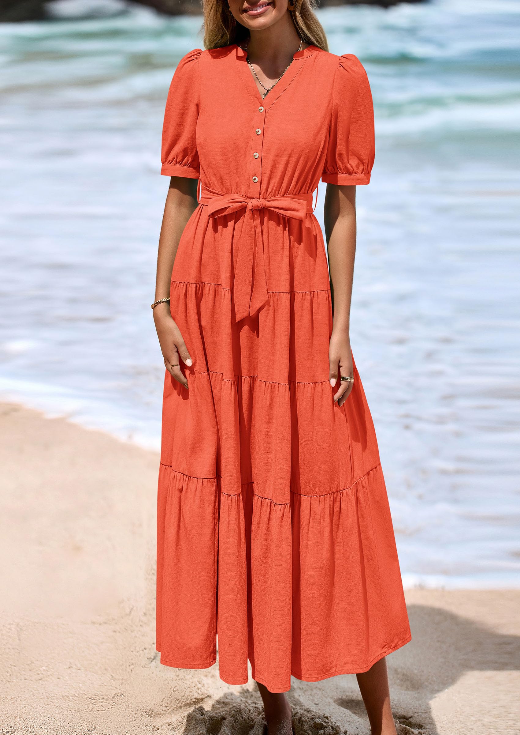 PRETTYGARDEN Women's Midi Dress Casual Short Sleeve V Neck Buttons Belted Ruffle A Line Flowy Dress with Pockets