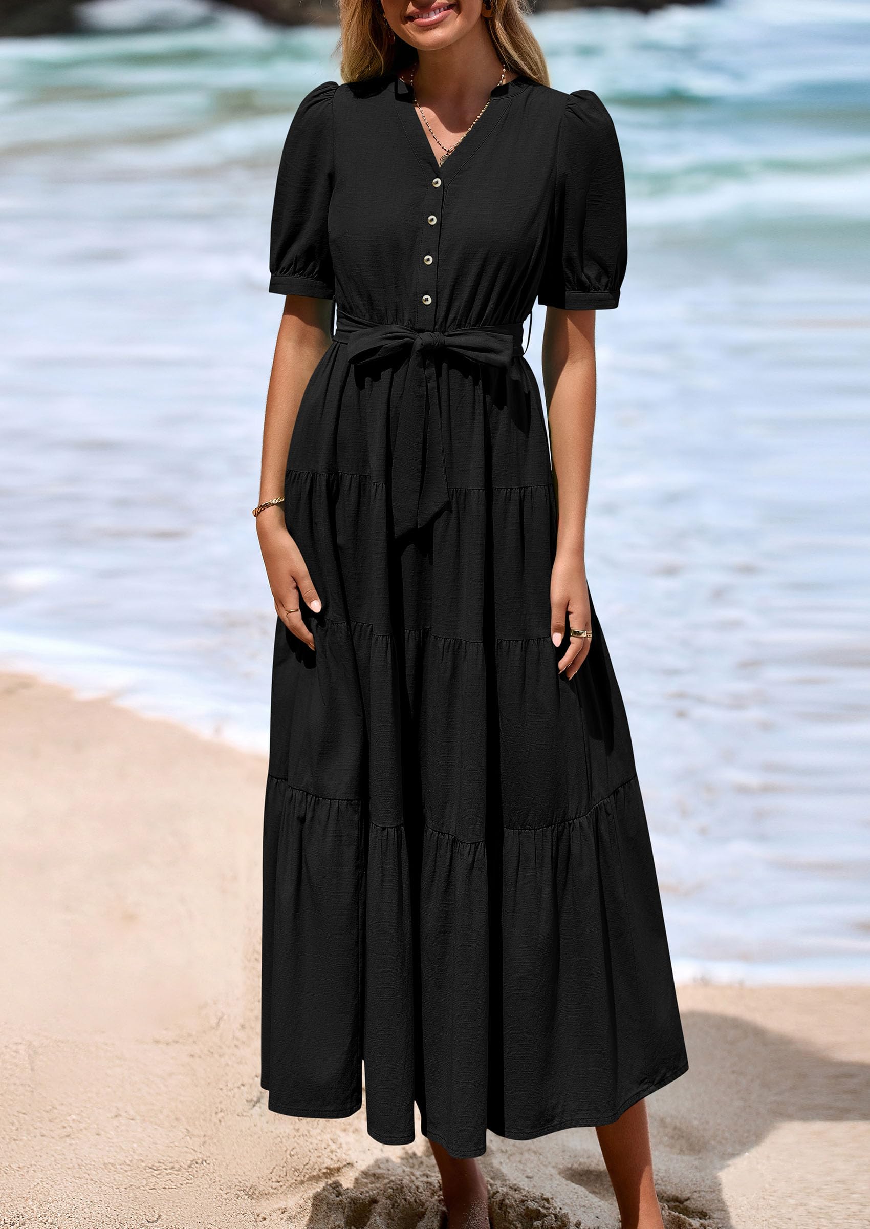 PRETTYGARDEN Women's Midi Dress Casual Short Sleeve V Neck Buttons Belted Ruffle A Line Flowy Dress with Pockets