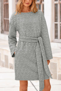 Women's Long Sleeve Dresses   Fall Casual Short Belted Dress Trendy Quilted Outfits with Pockets