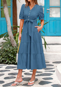 PRETTYGARDEN Women's Midi Dress Casual Short Sleeve V Neck Buttons Belted Ruffle A Line Flowy Dress with Pockets