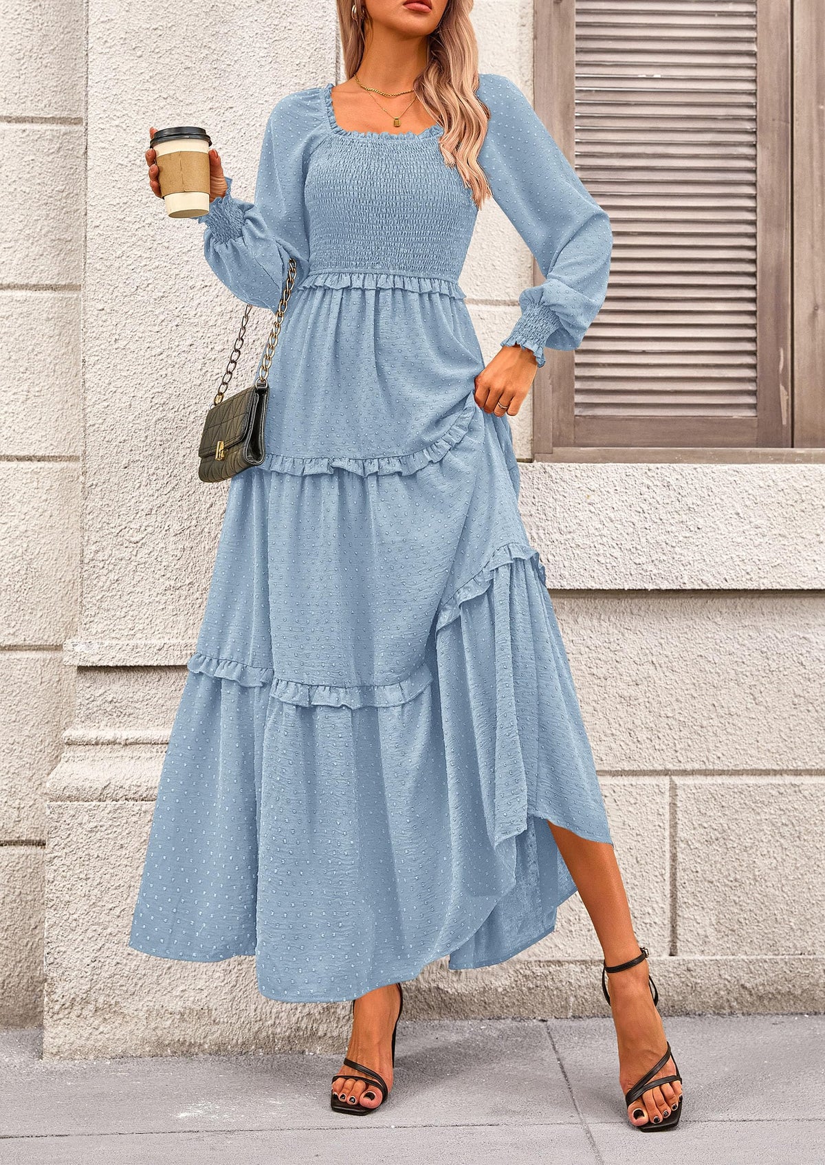 Women's Long Sleeve Smocked Maxi Dress Casual Square Neck Swiss Dot Tiered Ruffle Flowy Pocket Dresses