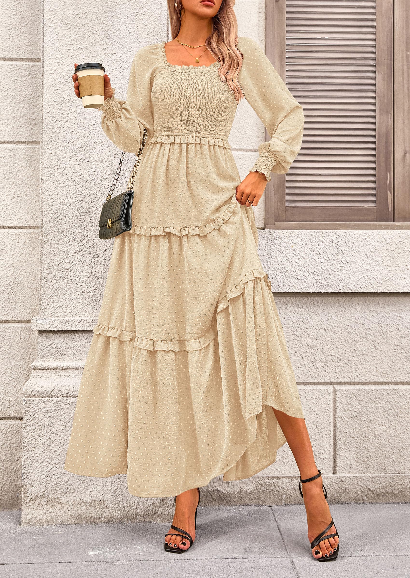 PRETTYGARDEN Women Fall Long Sleeve Smocked Maxi Dress Casual Square N PRETTYGARDEN Women Fall Long Sleeve Smocked Maxi Dress Casual Square N