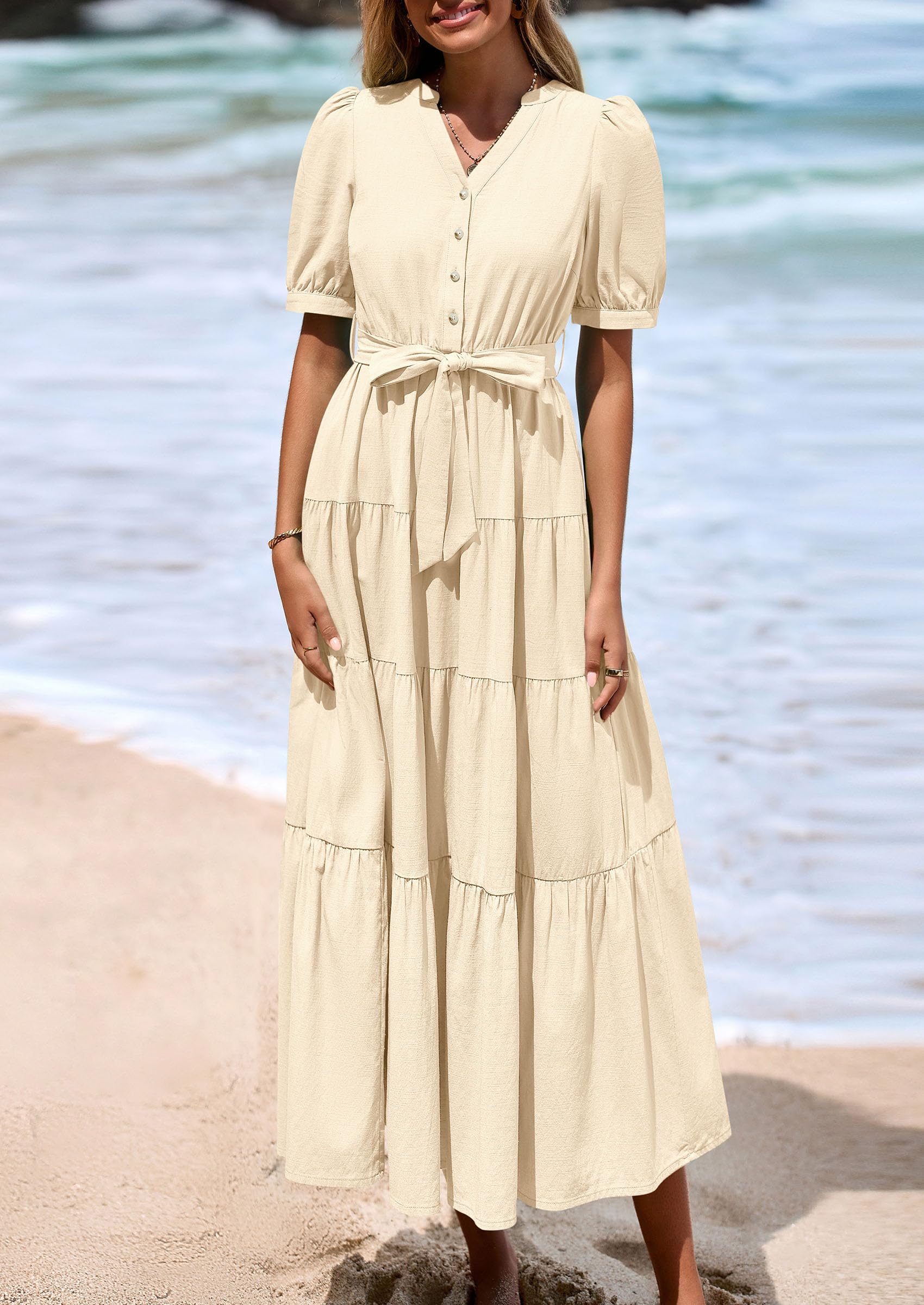 PRETTYGARDEN Women's Midi Dress Casual Short Sleeve V Neck Buttons Belted Ruffle A Line Flowy Dress with Pockets