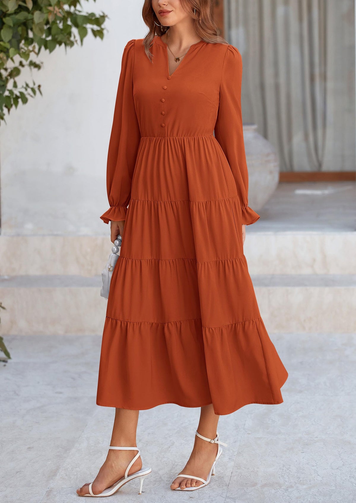 Women's Fall Maxi Dress Long Sleeve V Neck Tiered Ruffle Flowy A Line Cocktail Party Dresses