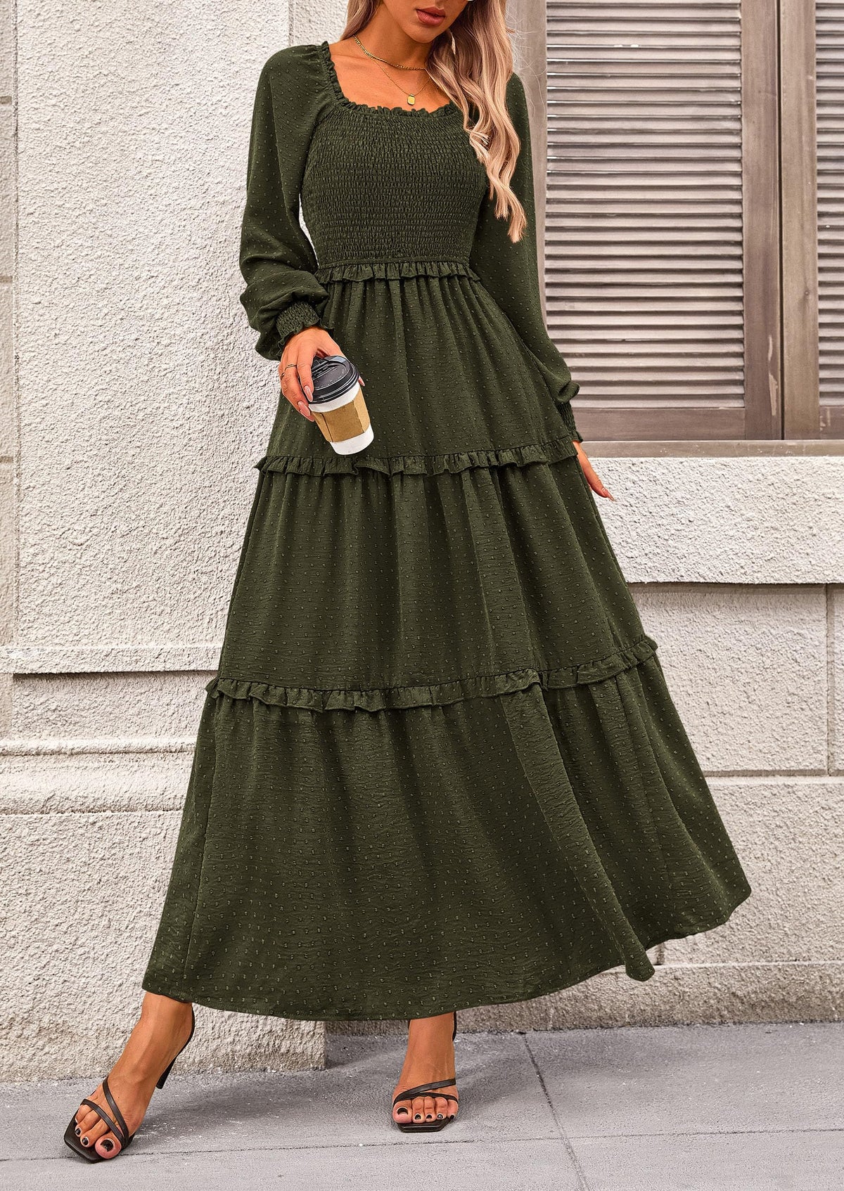 Women's Long Sleeve Smocked Maxi Dress Casual Square Neck Swiss Dot Tiered Ruffle Flowy Pocket Dresses