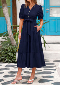 PRETTYGARDEN Women's Midi Dress Casual Short Sleeve V Neck Buttons Belted Ruffle A Line Flowy Dress with Pockets