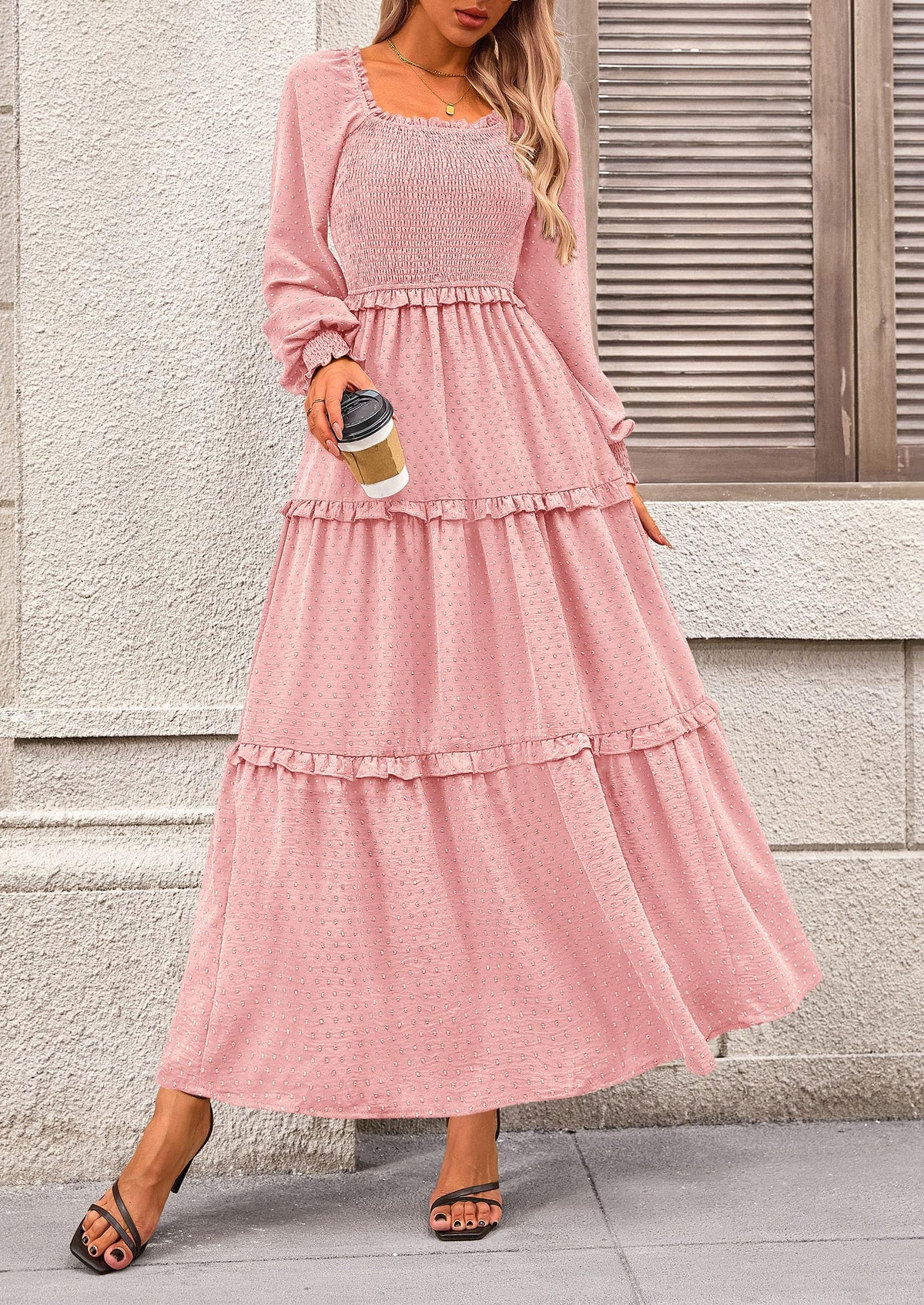 Women's Long Sleeve Smocked Maxi Dress Casual Square Neck Swiss Dot Tiered Ruffle Flowy Pocket Dresses