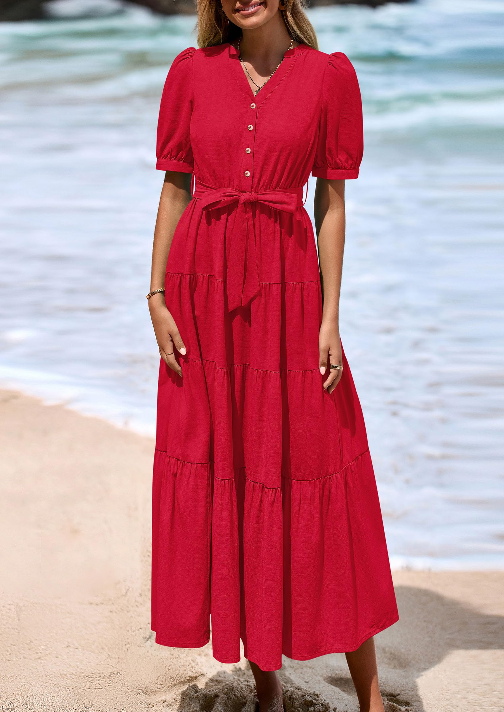 PRETTYGARDEN Women's Midi Dress Casual Short Sleeve V Neck Buttons Belted Ruffle A Line Flowy Dress with Pockets