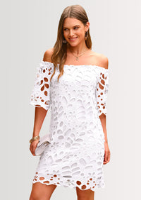 PRETTYGARDEN Women's Summer Off Shoulder Dresses Floral Lace Flare Short Sleeve Spring Vintage Elegant Mini Dress