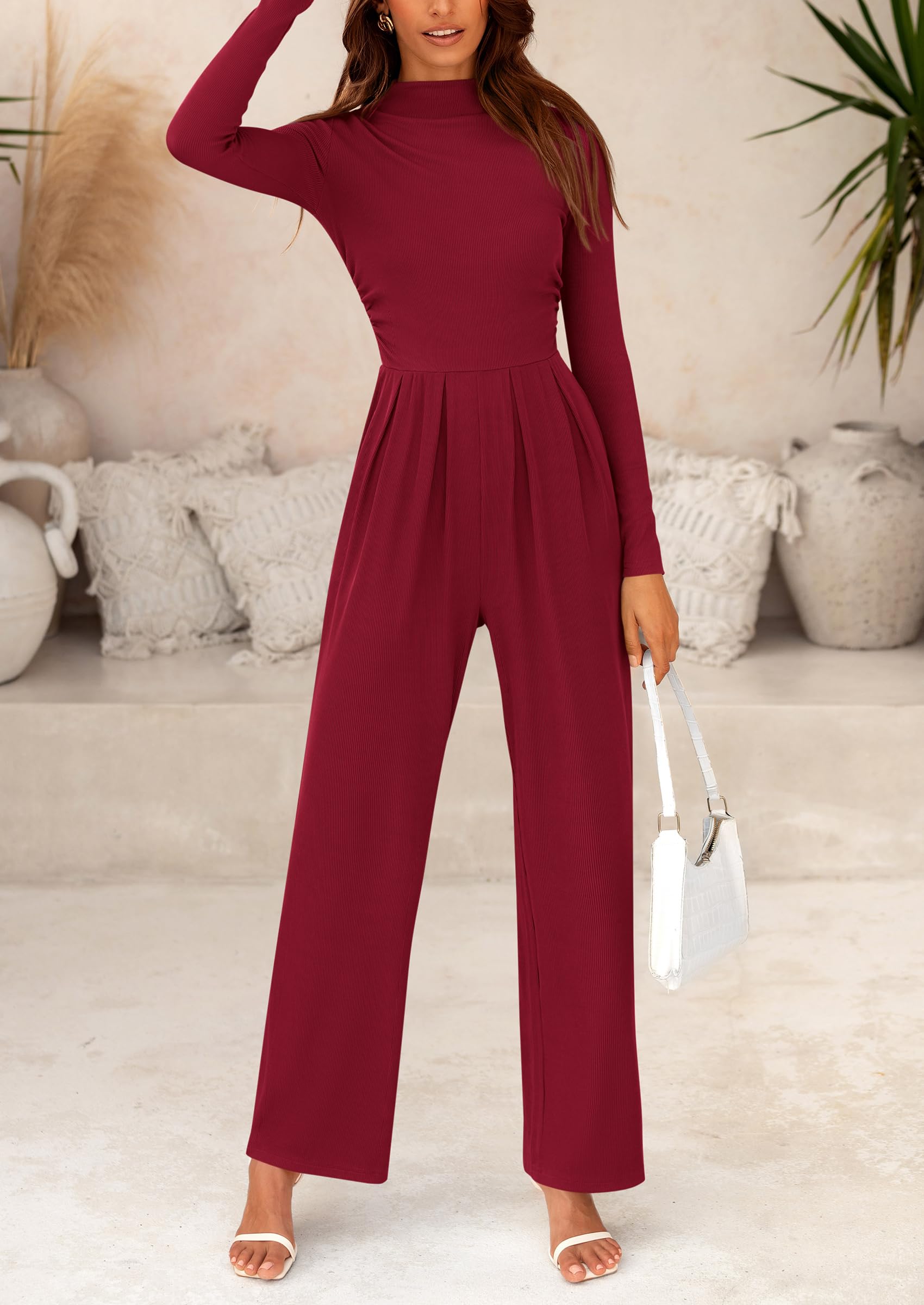 PRETTYGARDEN Dressy Casual Fashion Outfits Long Sleeve Mock Neck Wide Leg Pants Rompers
