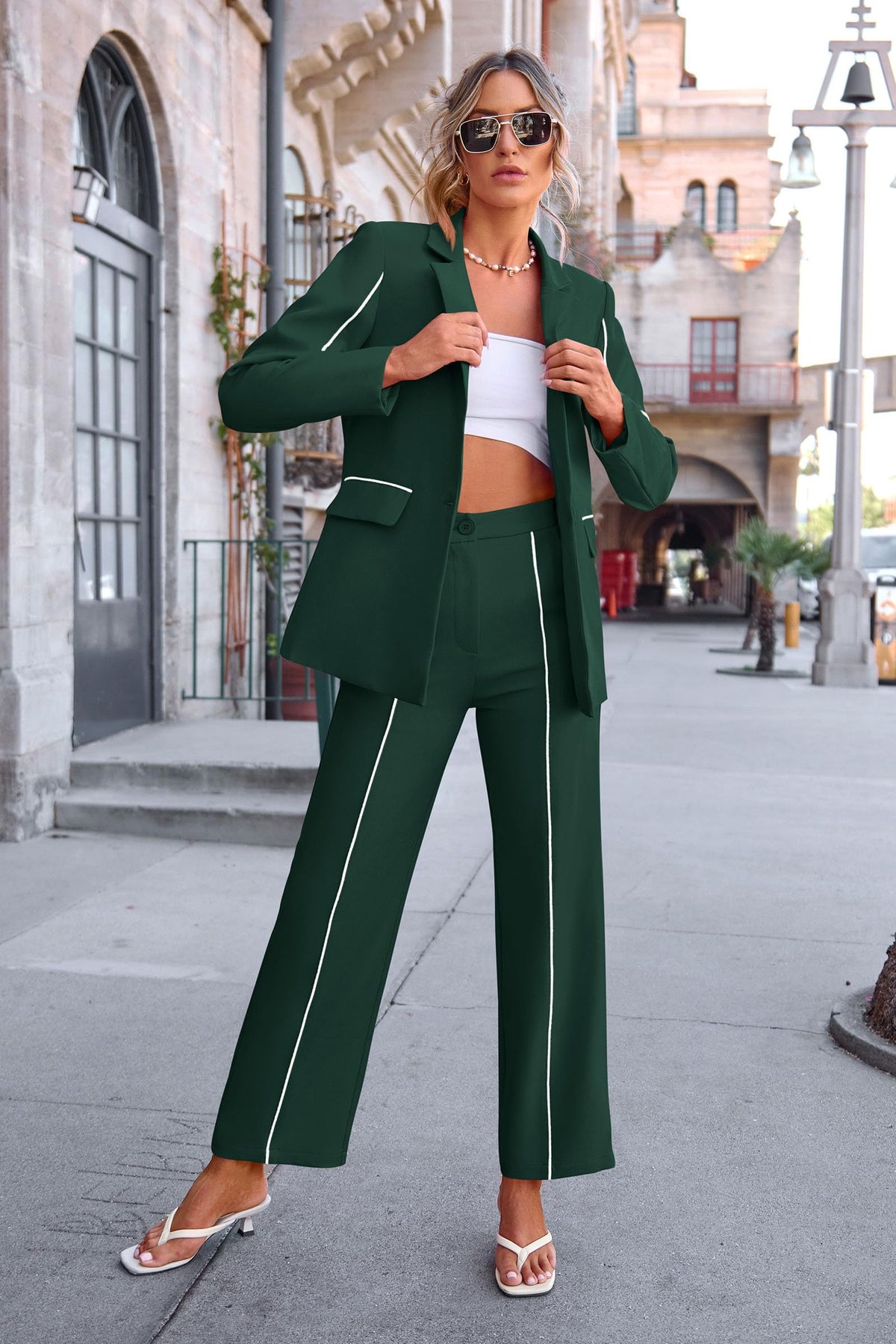 Women's Fall 2 Piece Blazer Outfits Business Casual Oversized Jacket Wide Leg Work Pants Dressy Suit Set