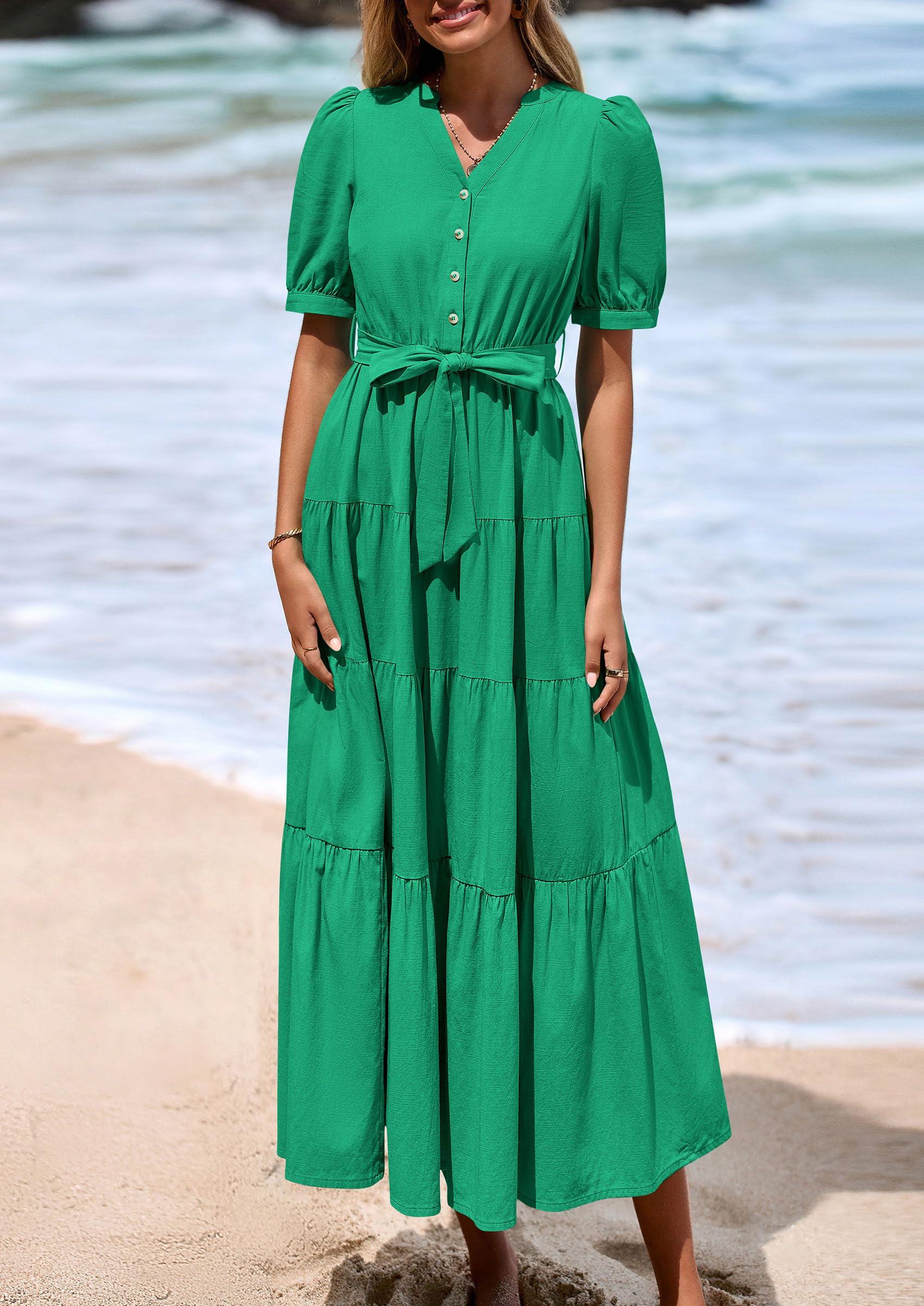 PRETTYGARDEN Women's Midi Dress Casual Short Sleeve V Neck Buttons Belted Ruffle A Line Flowy Dress with Pockets