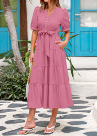 PRETTYGARDEN Women's Midi Dress Casual Short Sleeve V Neck Buttons Belted Ruffle A Line Flowy Dress with Pockets