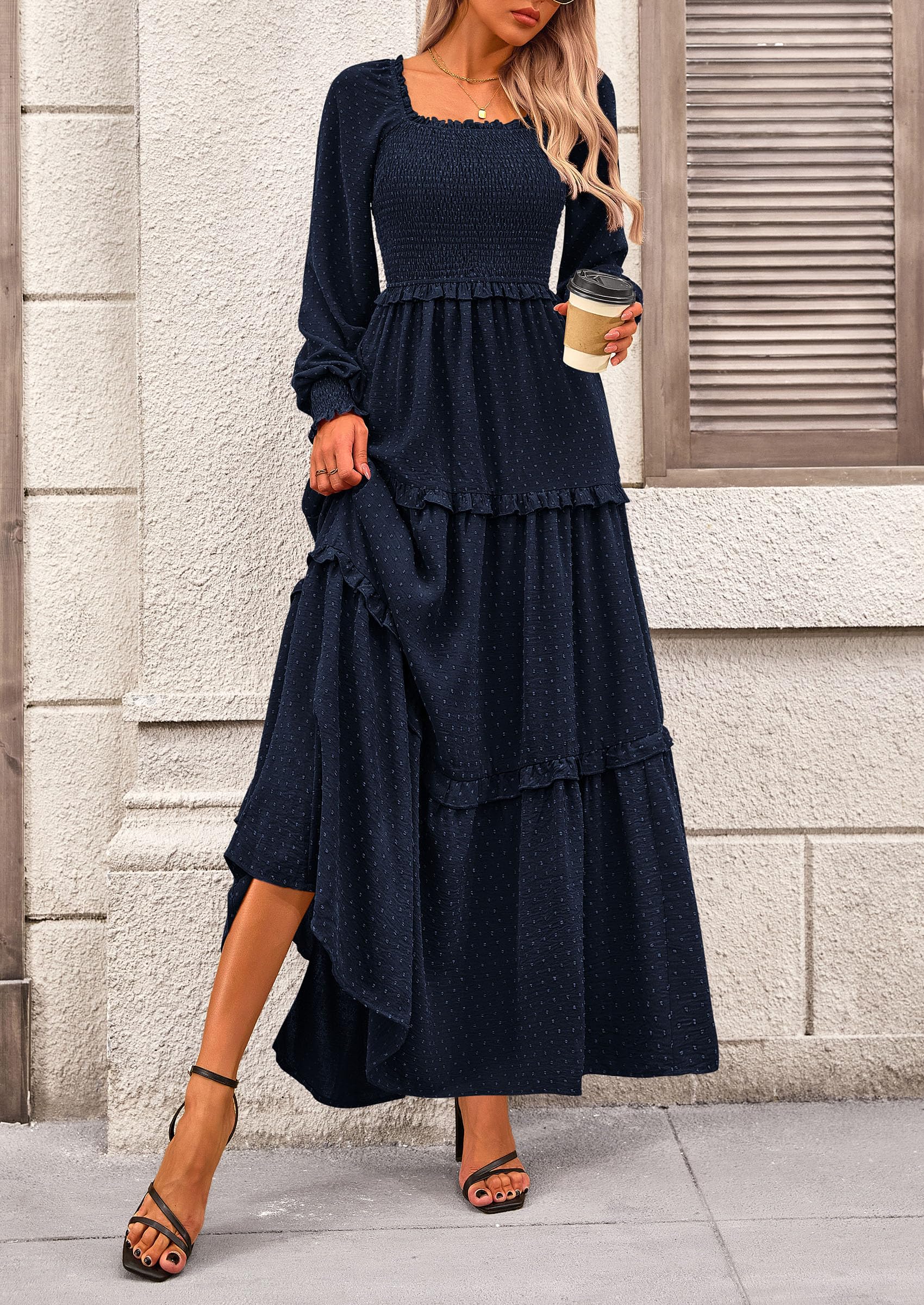 PRETTYGARDEN Women Fall Long Sleeve Smocked Maxi Dress Casual Square Neck Swiss Dot Tiered Ruffle Flowy Spring Pocket Dresses