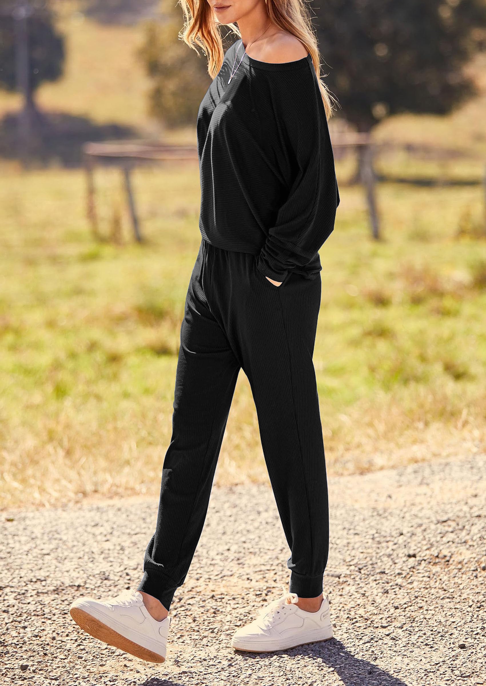 PRETTYGARDEN Women's Fall 2 Piece Lounge Set Long Sleeve Tops Ribbed Pants Spring Matching Sweatsuit Travel Outfits Clothes