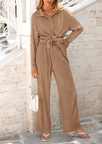 Women's Fall 2 Piece Textured Sets Casual Button Down Shirt Wide Leg Pants Outfit Loungewear Tracksuit