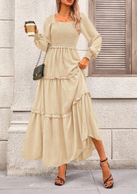 Women's Long Sleeve Smocked Maxi Dress Casual Square Neck Swiss Dot Tiered Ruffle Flowy Pocket Dresses