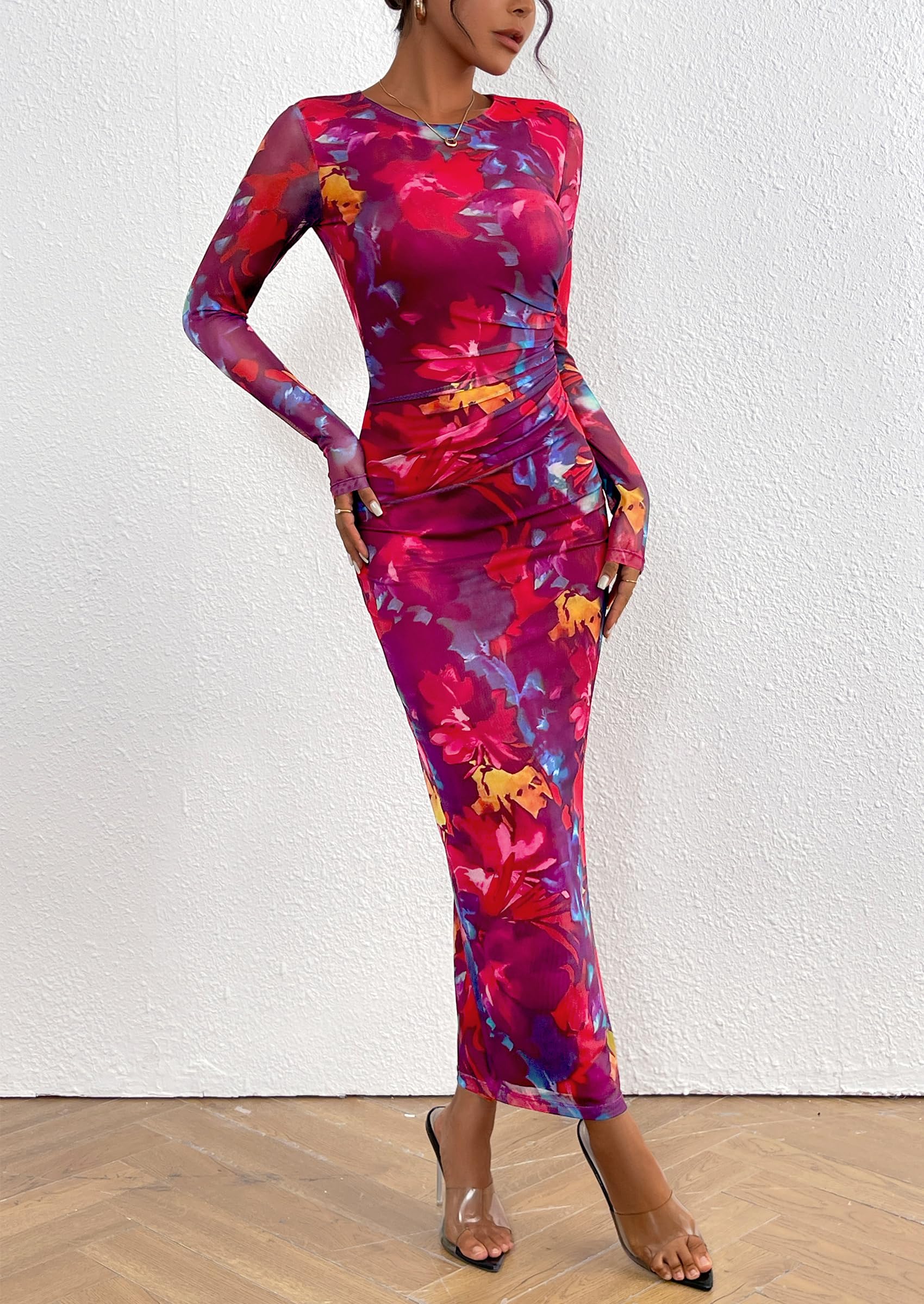 PRETTYGARDEN Women's Bodycon Maxi Dress Fall Spring Fashion Long Sleeve Floral Print Tight Fitted Party Club Ruched Dresses