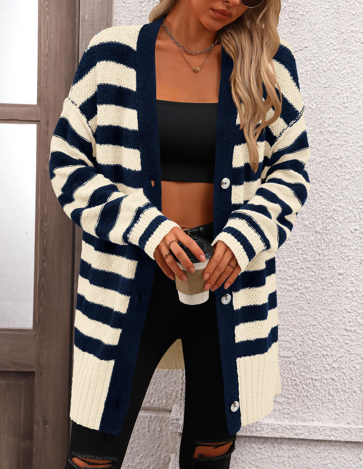 Striped Cardigan Sweaters Long Sleeve Button Down Chunky Knit Oversized Fall Sweater Coat