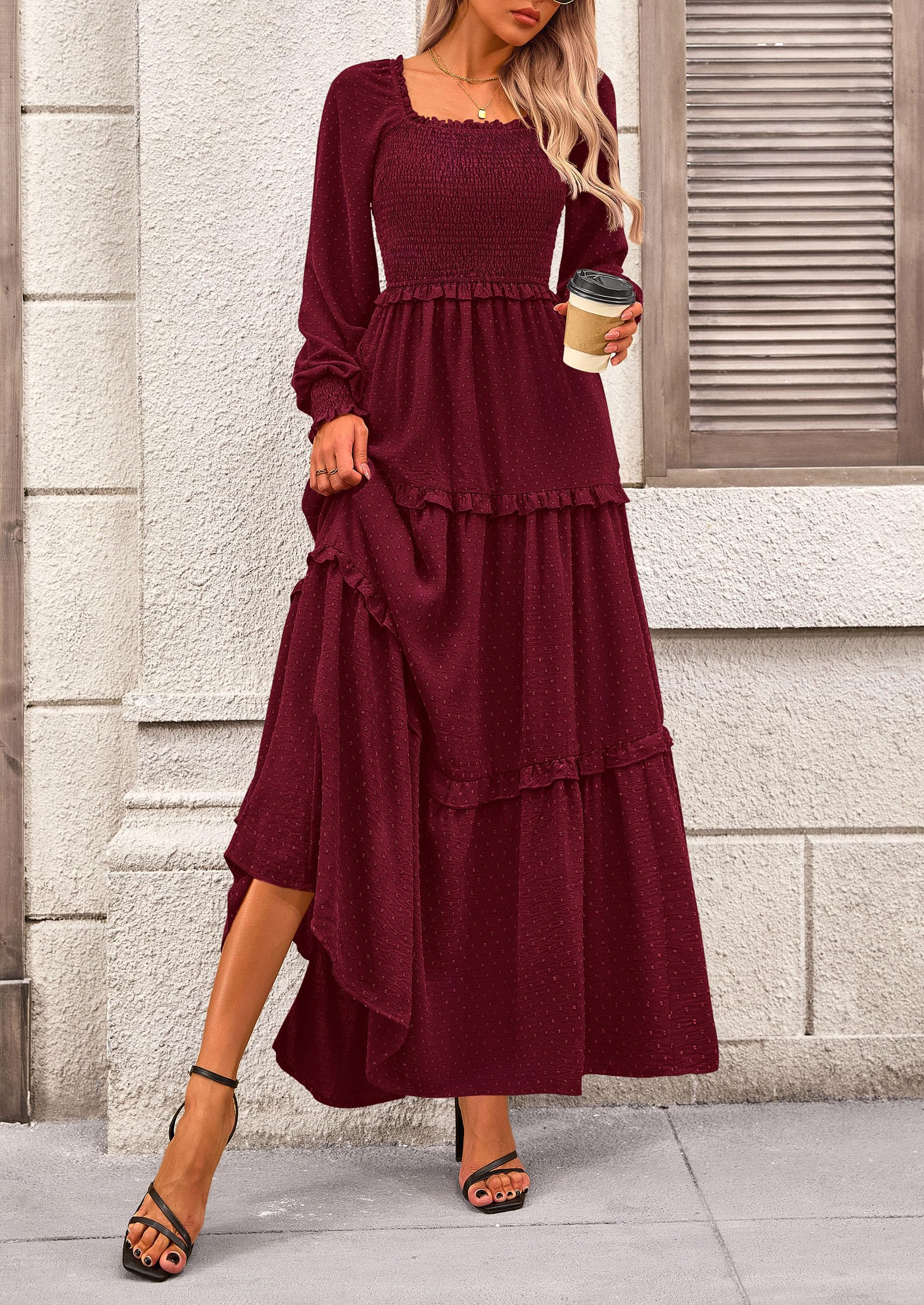 PRETTYGARDEN Women Fall Long Sleeve Smocked Maxi Dress Casual Square Neck Swiss Dot Tiered Ruffle Flowy Spring Pocket Dresses