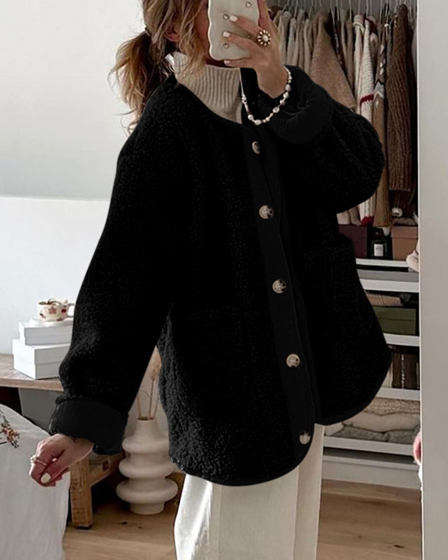 Women's Warm Winter Coats Casual Long Sleeve Button up Fuzzy Sherpa Fleece Jackets Outerwear