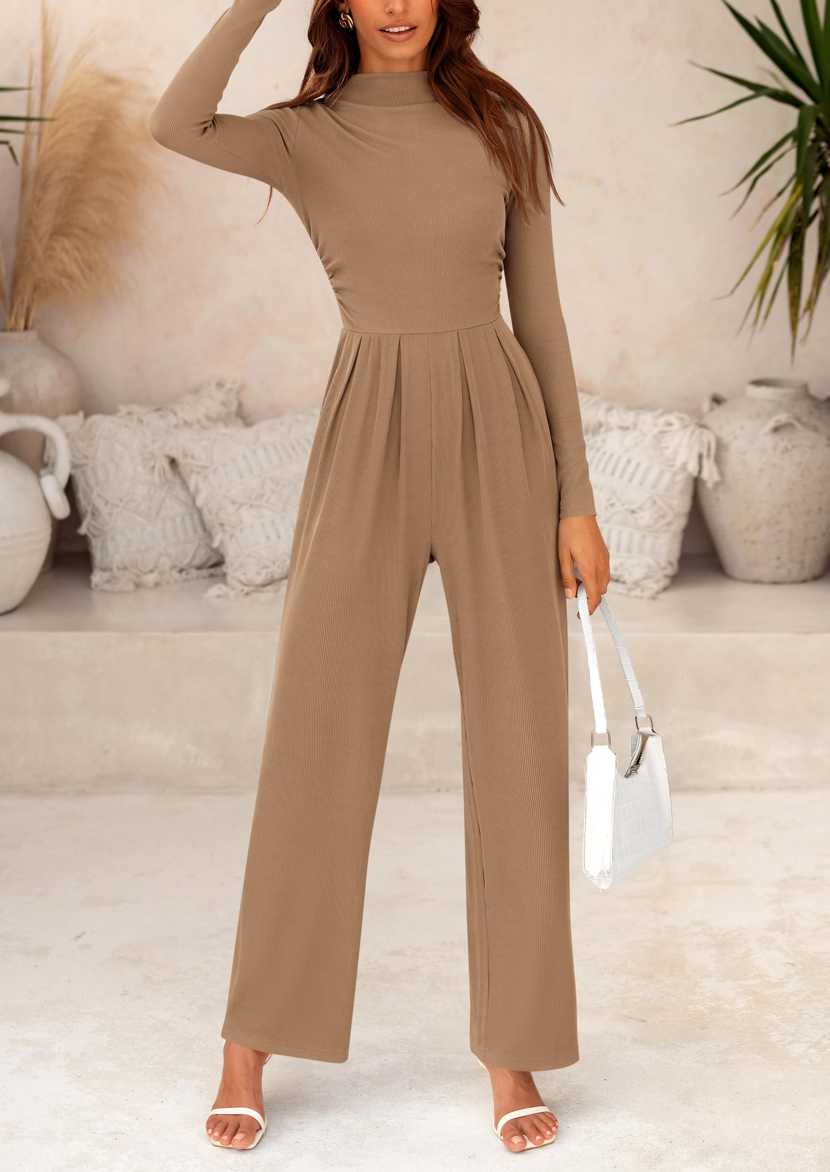 PRETTYGARDEN Dressy Casual Fashion Outfits Long Sleeve Mock Neck Wide Leg Pants Rompers