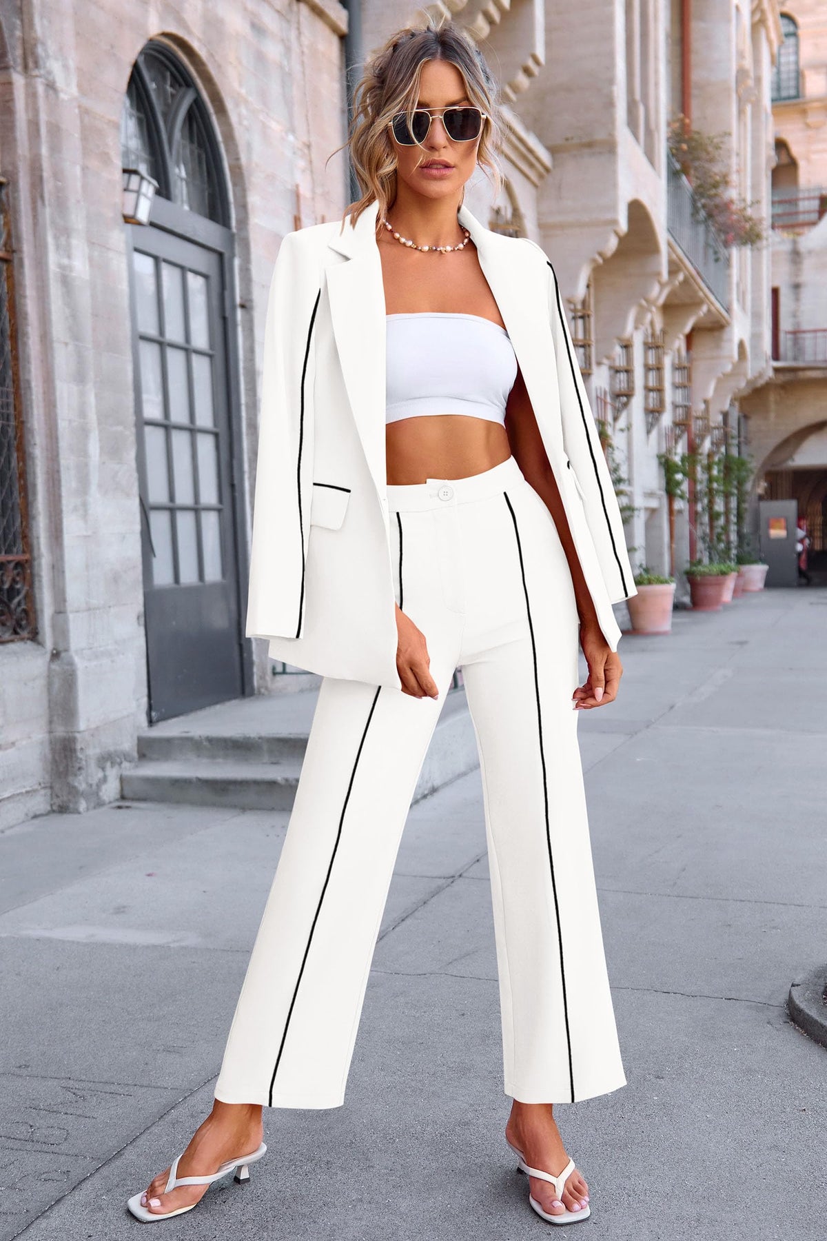 Women's Fall 2 Piece Blazer Outfits Business Casual Oversized Jacket Wide Leg Work Pants Dressy Suit Set